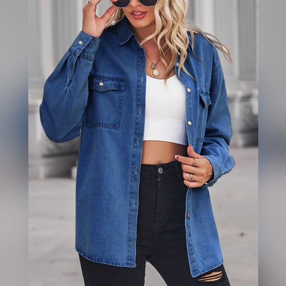 Collared Neck Dropped Shoulder Denim Top - Dark - Picture 5 of 7